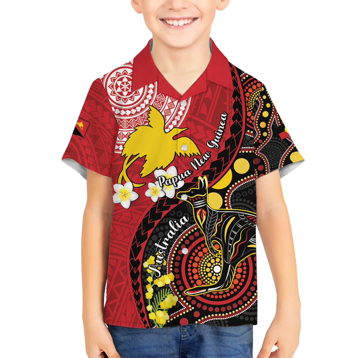 Papua New Guinea And Australia Aboriginal Family Matching Off The Shoulder Long Sleeve Dress and Hawaiian Shirt Bird Of Paradise And Kangaroo Together LT05 Son's Shirt Red - Polynesian Pride