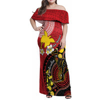 Papua New Guinea And Australia Aboriginal Family Matching Off Shoulder Maxi Dress and Hawaiian Shirt Bird Of Paradise And Kangaroo Together LT05 Mom's Dress Red - Polynesian Pride