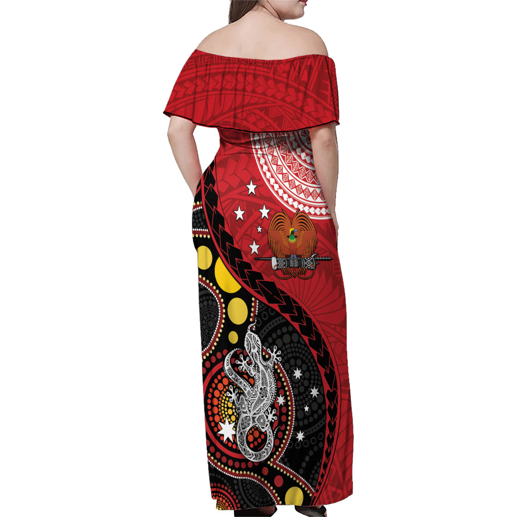Papua New Guinea And Australia Aboriginal Family Matching Off Shoulder Maxi Dress and Hawaiian Shirt Bird Of Paradise And Kangaroo Together LT05 - Polynesian Pride