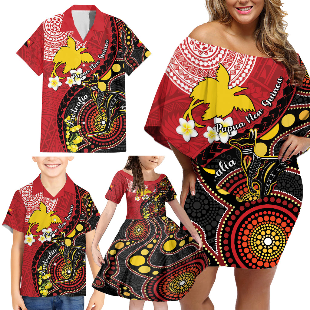 Papua New Guinea And Australia Aboriginal Family Matching Off Shoulder Short Dress and Hawaiian Shirt Bird Of Paradise And Kangaroo Together LT05 - Polynesian Pride