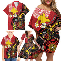 Papua New Guinea And Australia Aboriginal Family Matching Off Shoulder Short Dress and Hawaiian Shirt Bird Of Paradise And Kangaroo Together LT05 - Polynesian Pride