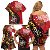 Papua New Guinea And Australia Aboriginal Family Matching Off Shoulder Short Dress and Hawaiian Shirt Bird Of Paradise And Kangaroo Together LT05 - Polynesian Pride