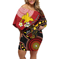 Papua New Guinea And Australia Aboriginal Family Matching Off Shoulder Short Dress and Hawaiian Shirt Bird Of Paradise And Kangaroo Together LT05 Mom's Dress Red - Polynesian Pride