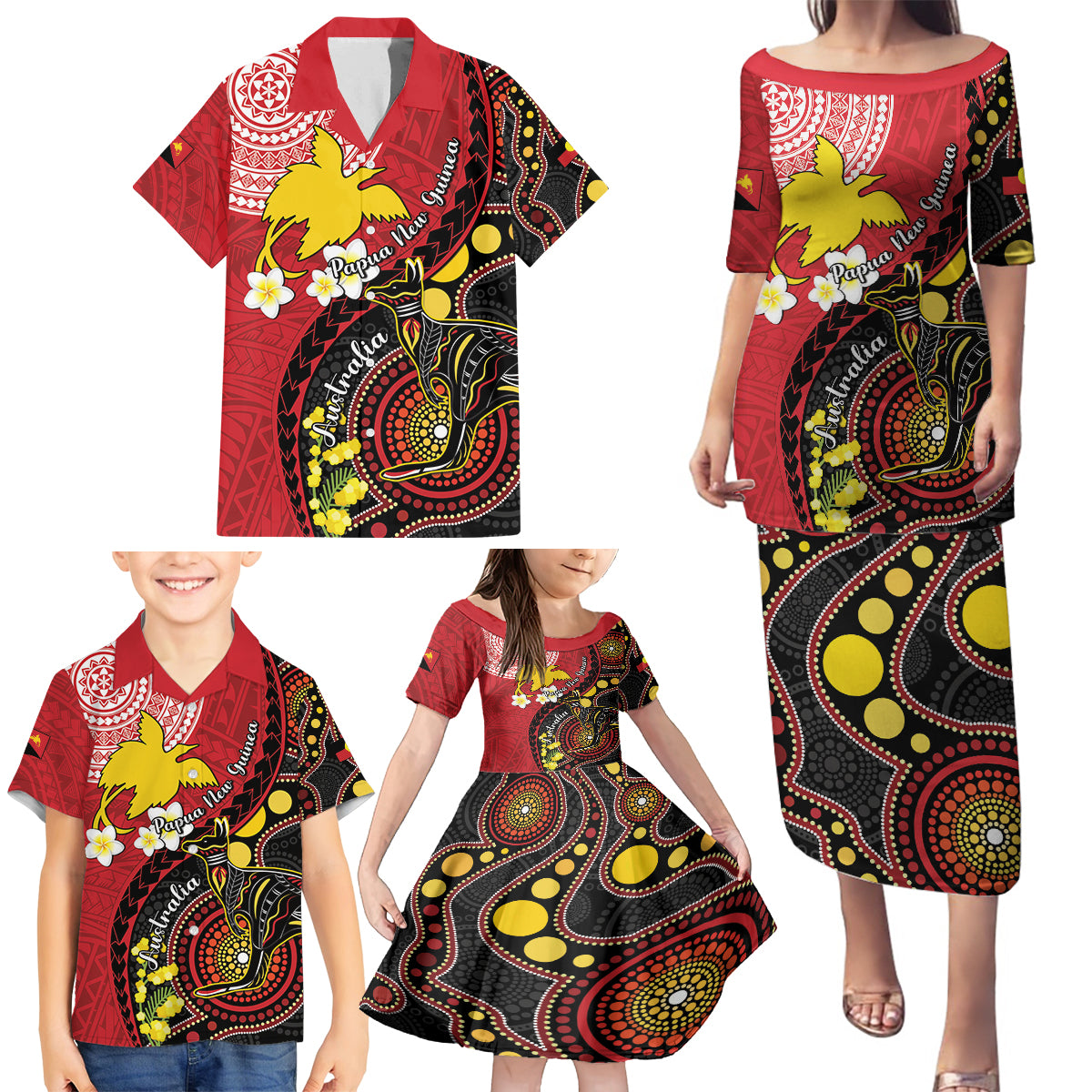 Papua New Guinea And Australia Aboriginal Family Matching Puletasi and Hawaiian Shirt Bird Of Paradise And Kangaroo Together LT05 - Polynesian Pride