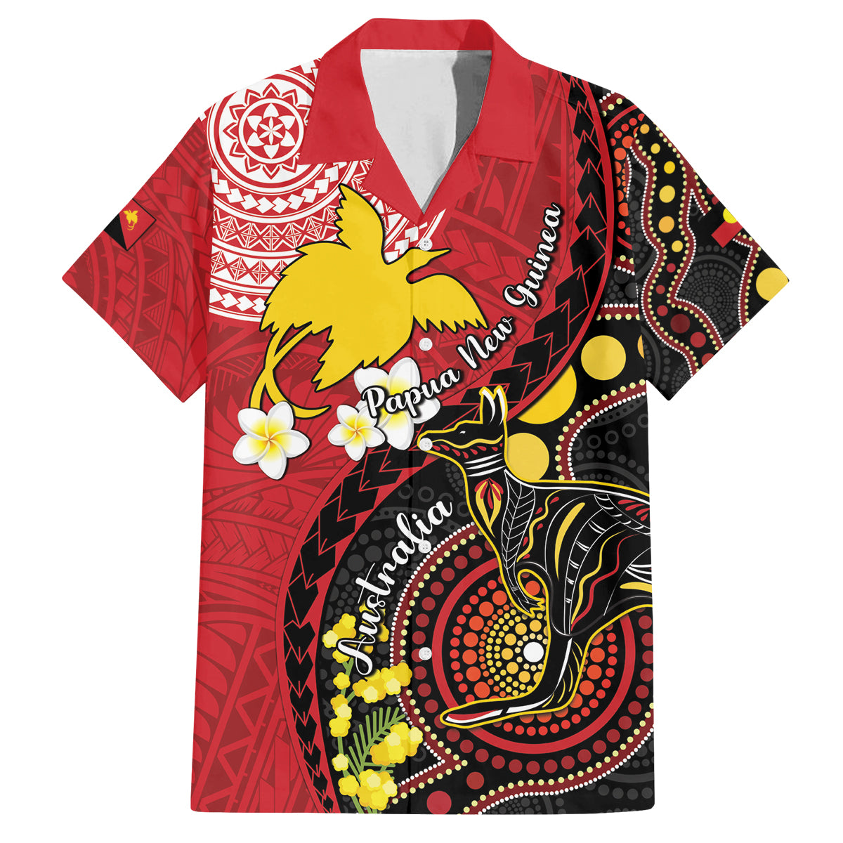 Papua New Guinea And Australia Aboriginal Family Matching Puletasi and Hawaiian Shirt Bird Of Paradise And Kangaroo Together LT05 Dad's Shirt - Short Sleeve Red - Polynesian Pride