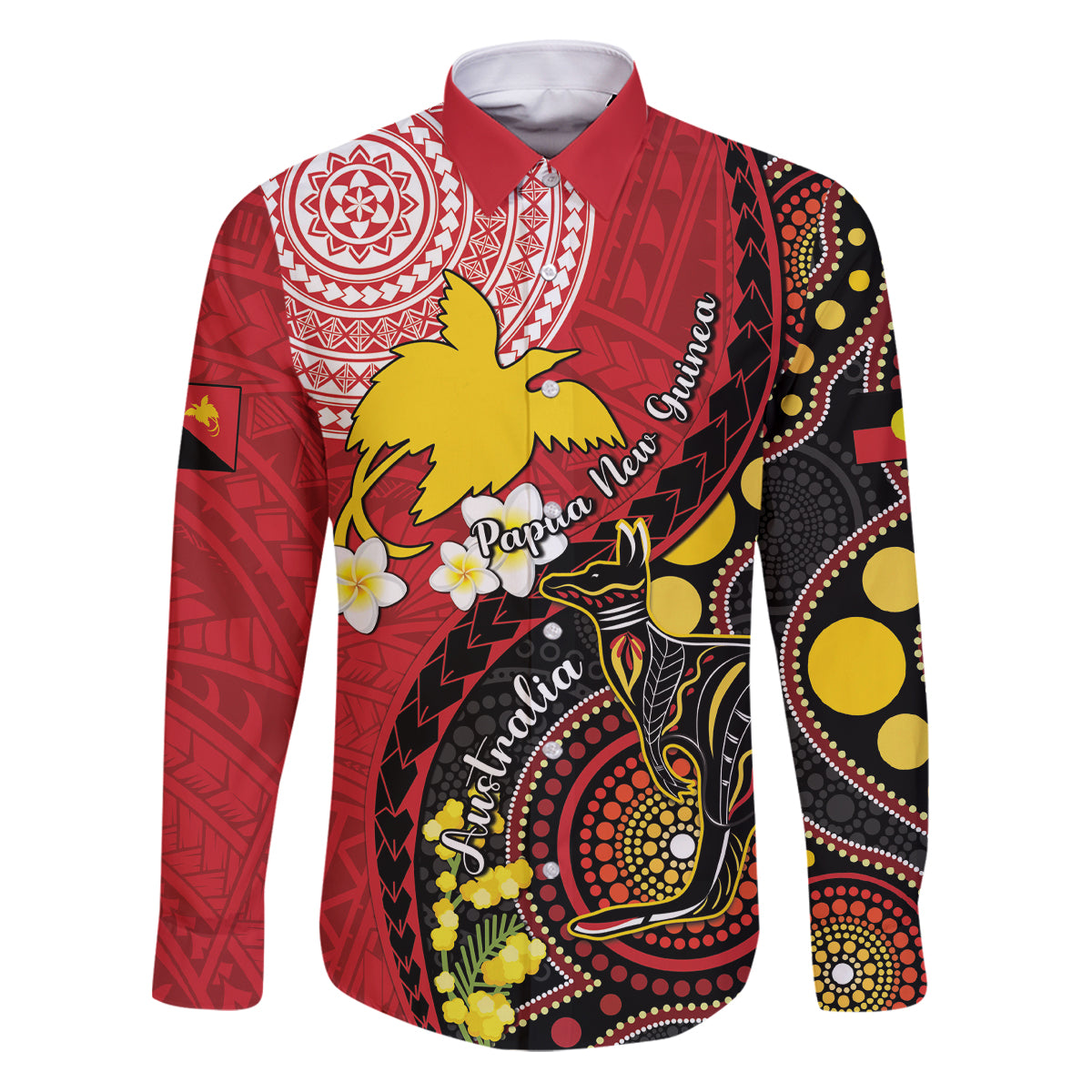 Papua New Guinea And Australia Aboriginal Family Matching Puletasi and Hawaiian Shirt Bird Of Paradise And Kangaroo Together LT05 Dad's Shirt - Long Sleeve Red - Polynesian Pride