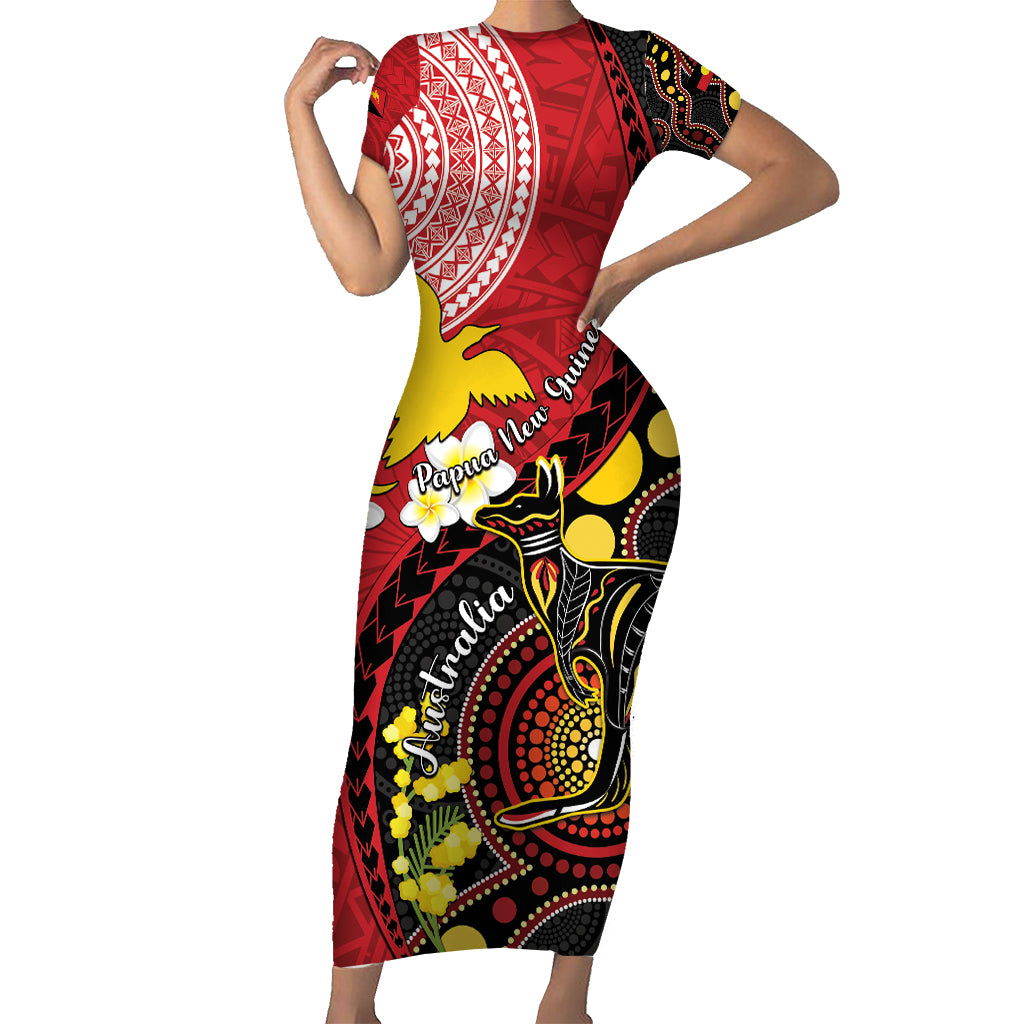 Papua New Guinea And Australia Aboriginal Family Matching Short Sleeve Bodycon Dress and Hawaiian Shirt Bird Of Paradise And Kangaroo Together LT05 Mom's Dress Red - Polynesian Pride