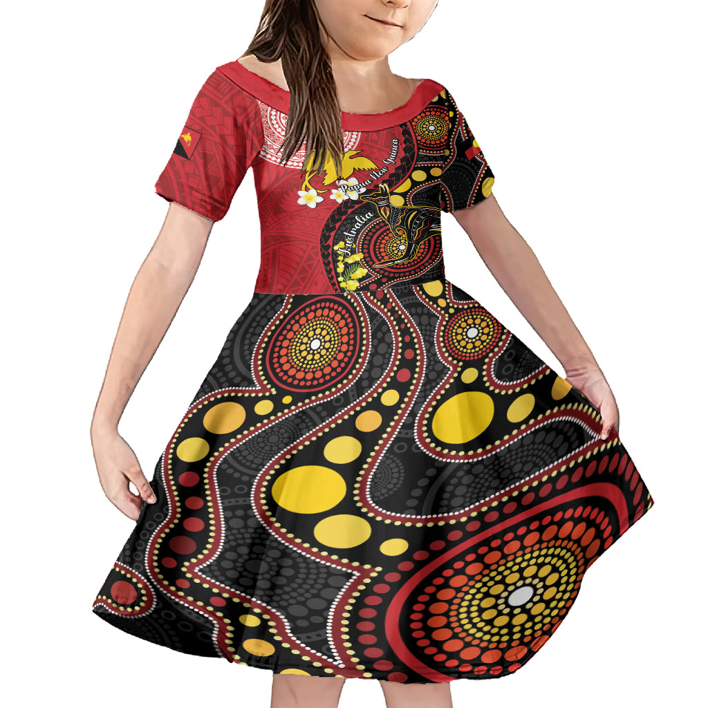 Papua New Guinea And Australia Aboriginal Family Matching Summer Maxi Dress and Hawaiian Shirt Bird Of Paradise And Kangaroo Together LT05 Daughter's Dress Red - Polynesian Pride