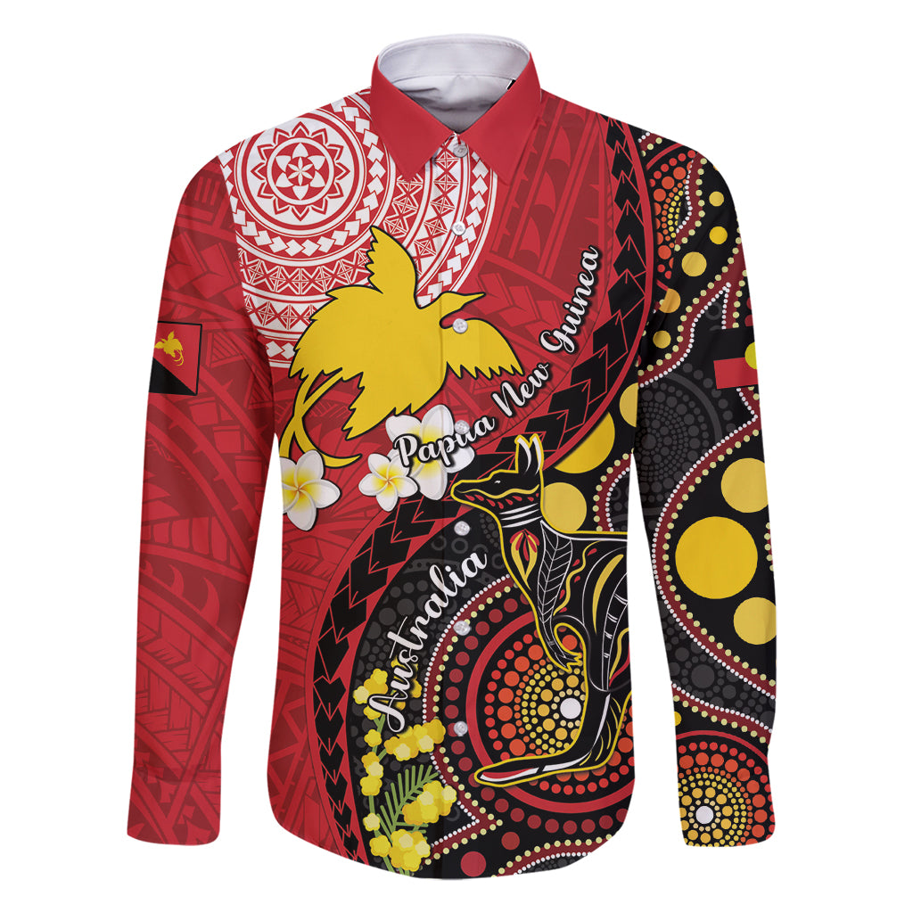 Papua New Guinea And Australia Aboriginal Family Matching Summer Maxi Dress and Hawaiian Shirt Bird Of Paradise And Kangaroo Together LT05 Dad's Shirt - Long Sleeve Red - Polynesian Pride