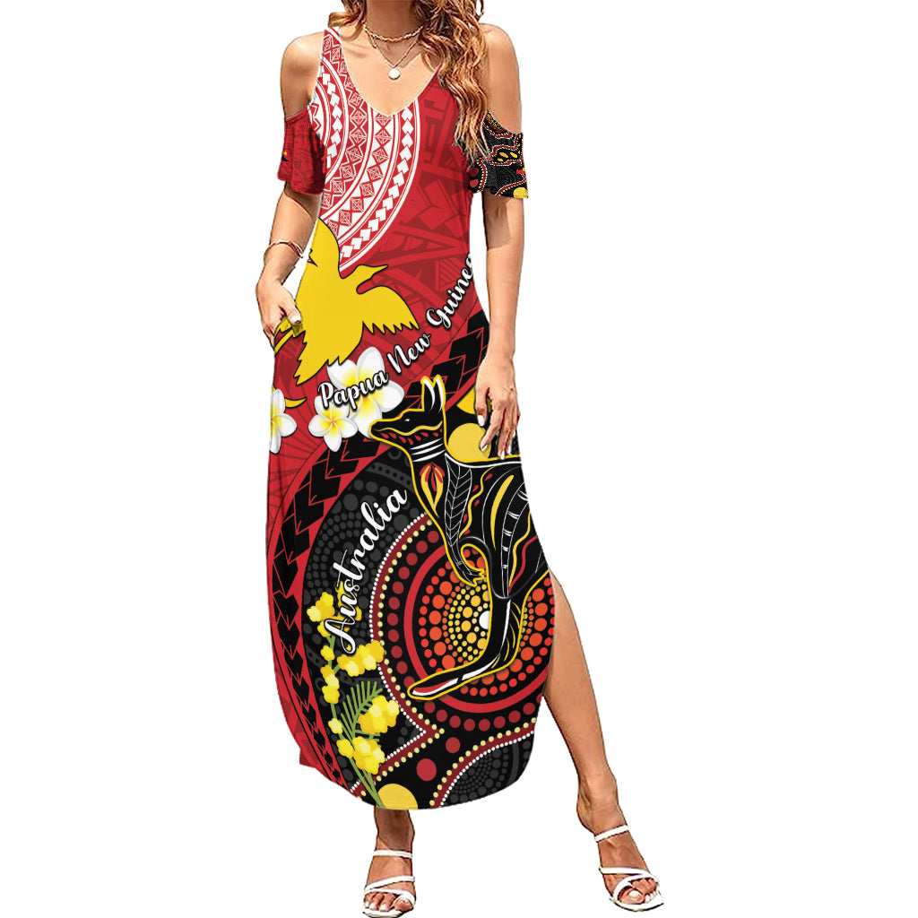 Papua New Guinea And Australia Aboriginal Family Matching Summer Maxi Dress and Hawaiian Shirt Bird Of Paradise And Kangaroo Together LT05 Mom's Dress Red - Polynesian Pride