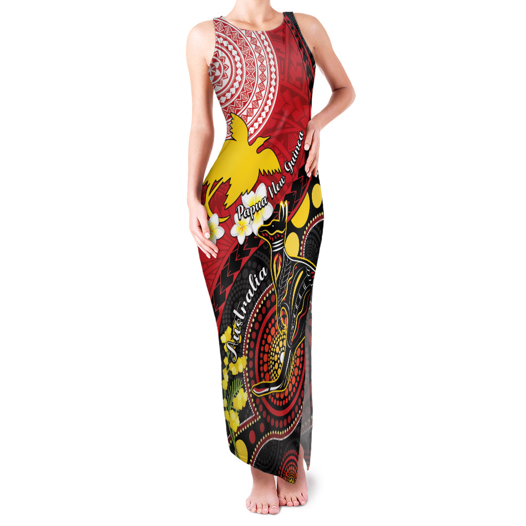 Papua New Guinea And Australia Aboriginal Family Matching Tank Maxi Dress and Hawaiian Shirt Bird Of Paradise And Kangaroo Together LT05 Mom's Dress Red - Polynesian Pride