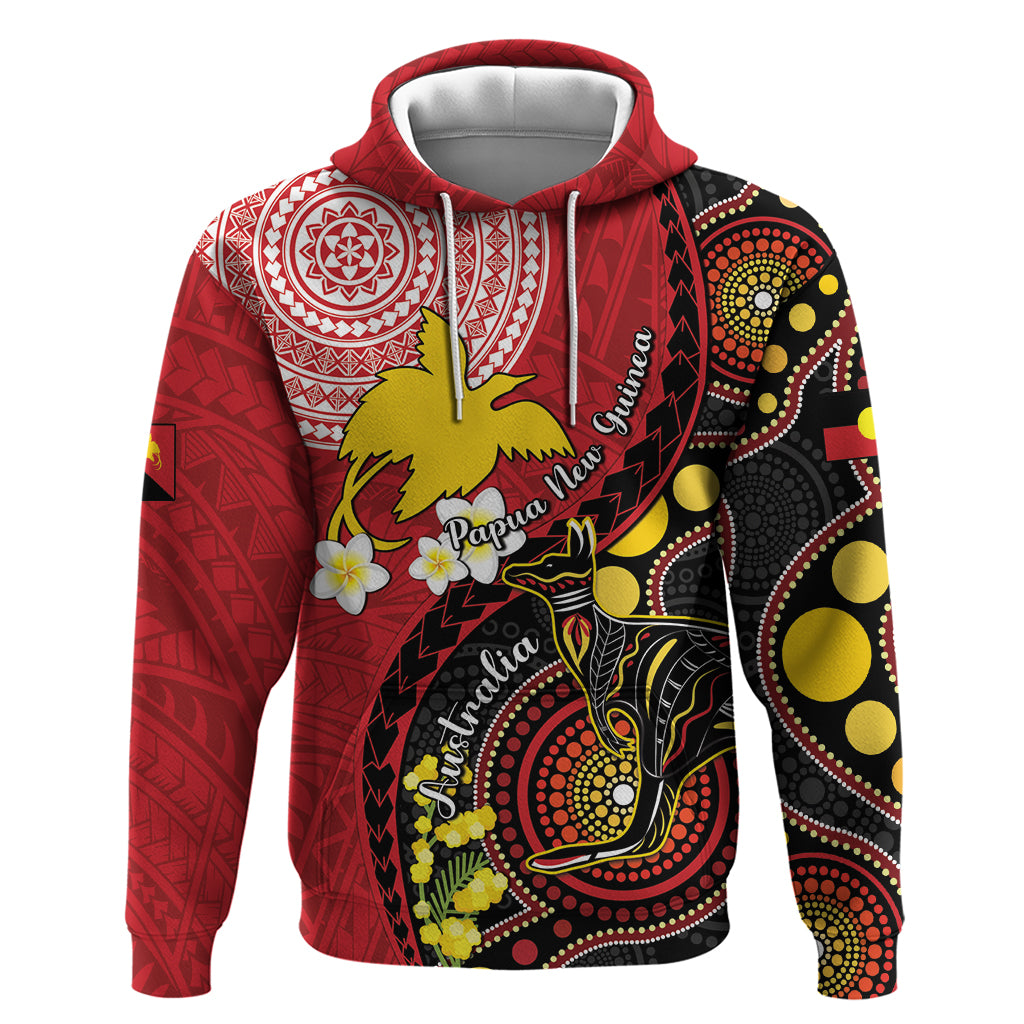 Papua New Guinea And Australia Aboriginal Hoodie Bird Of Paradise And Kangaroo Together LT05 Pullover Hoodie Red - Polynesian Pride