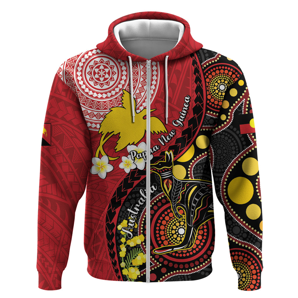 Papua New Guinea And Australia Aboriginal Hoodie Bird Of Paradise And Kangaroo Together LT05 Zip Hoodie Red - Polynesian Pride