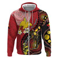 Papua New Guinea And Australia Aboriginal Hoodie Bird Of Paradise And Kangaroo Together LT05 Zip Hoodie Red - Polynesian Pride