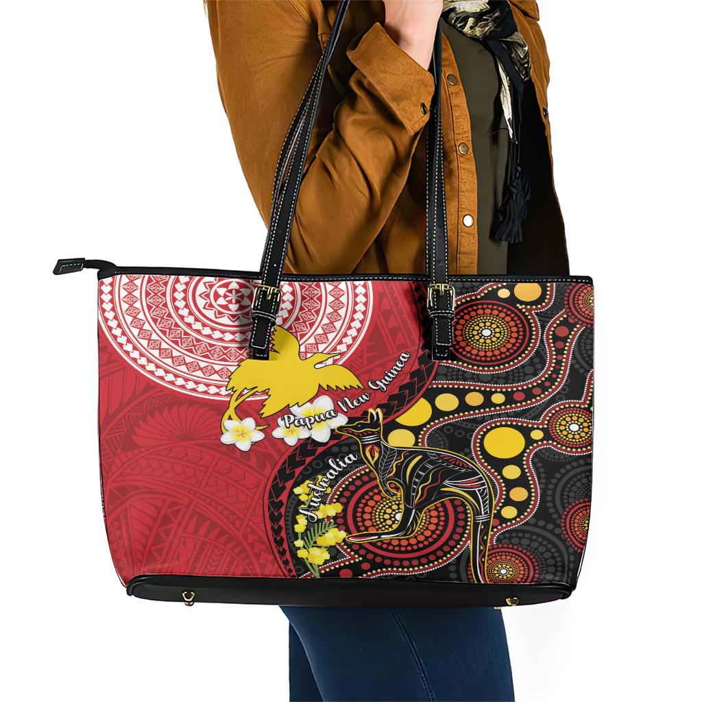 Papua New Guinea And Australia Aboriginal Leather Tote Bag Bird Of Paradise And Kangaroo Together LT05 - Polynesian Pride