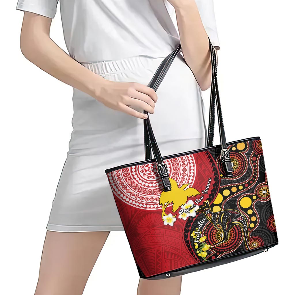 Papua New Guinea And Australia Aboriginal Leather Tote Bag Bird Of Paradise And Kangaroo Together LT05 - Polynesian Pride