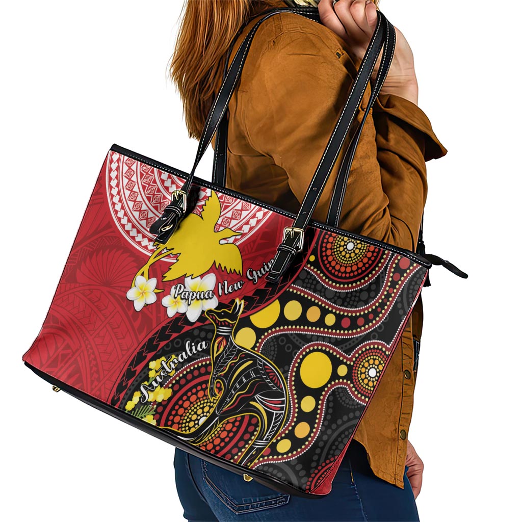 Papua New Guinea And Australia Aboriginal Leather Tote Bag Bird Of Paradise And Kangaroo Together LT05 - Polynesian Pride