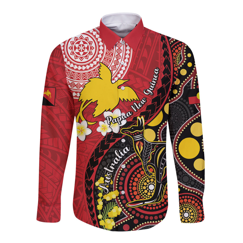 Papua New Guinea And Australia Aboriginal Long Sleeve Button Shirt Bird Of Paradise And Kangaroo Together LT05 Unisex Red - Polynesian Pride
