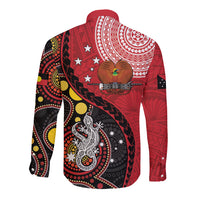 Papua New Guinea And Australia Aboriginal Long Sleeve Button Shirt Bird Of Paradise And Kangaroo Together LT05 - Polynesian Pride