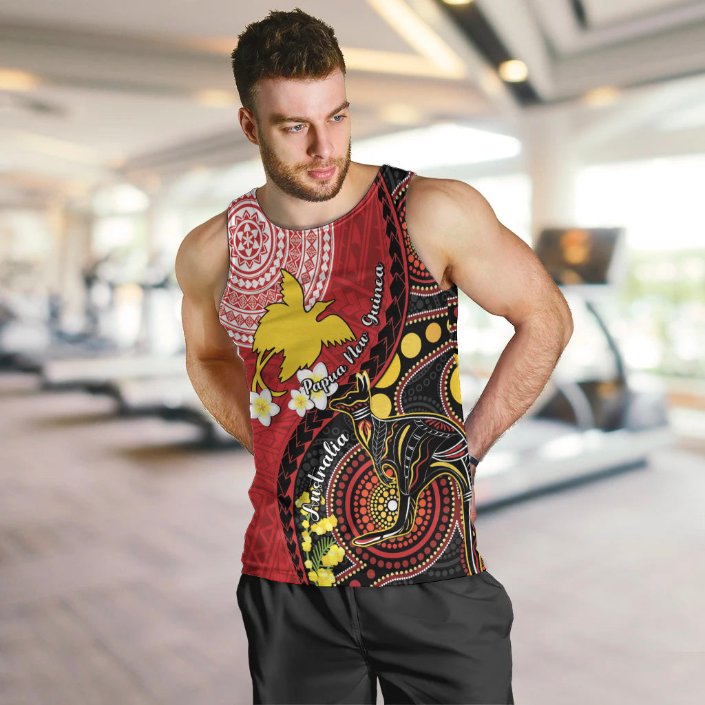 Papua New Guinea And Australia Aboriginal Men Tank Top Bird Of Paradise And Kangaroo Together LT05 Red - Polynesian Pride