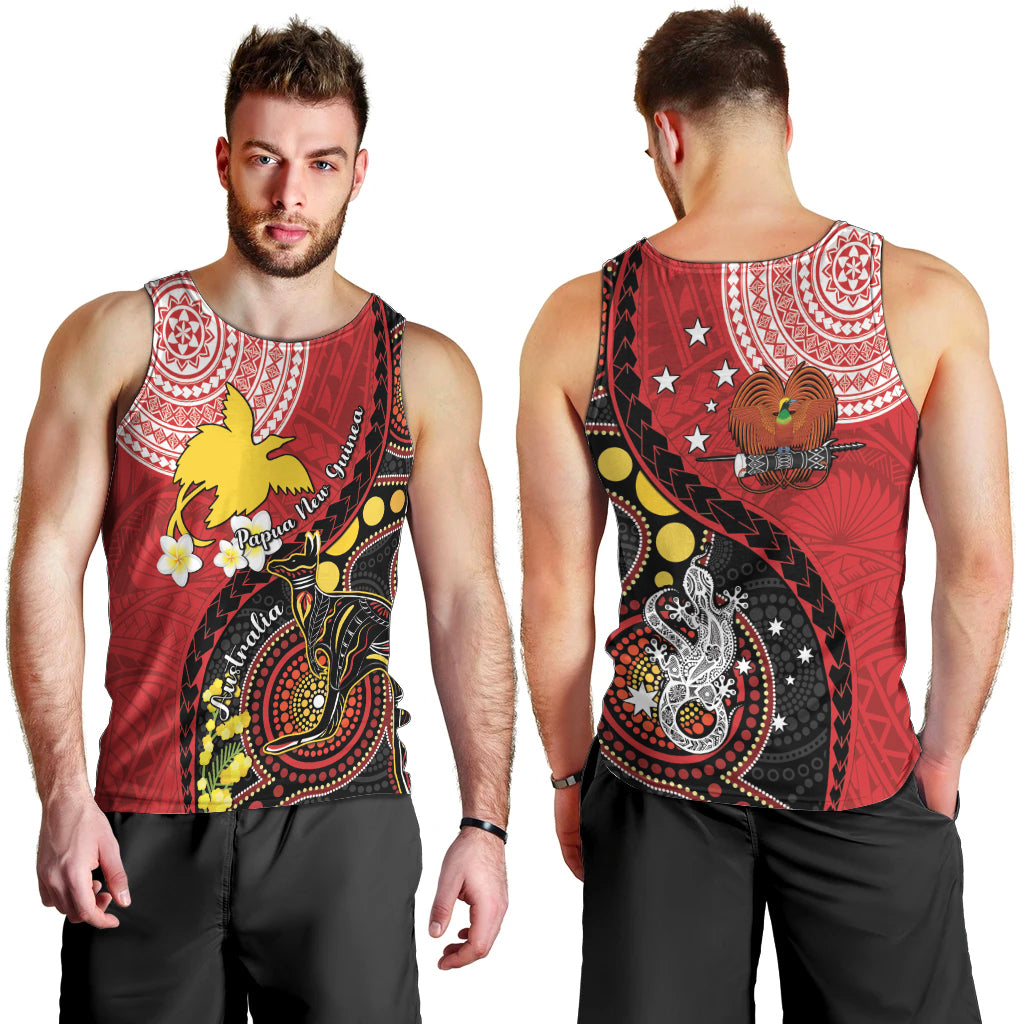 Papua New Guinea And Australia Aboriginal Men Tank Top Bird Of Paradise And Kangaroo Together LT05 - Polynesian Pride
