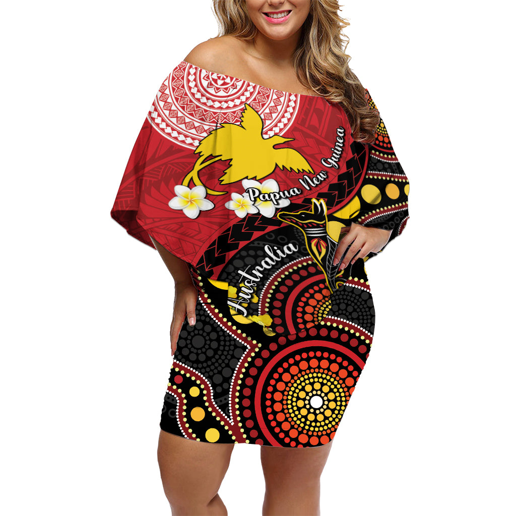 Papua New Guinea And Australia Aboriginal Off Shoulder Short Dress Bird Of Paradise And Kangaroo Together LT05 Women Red - Polynesian Pride