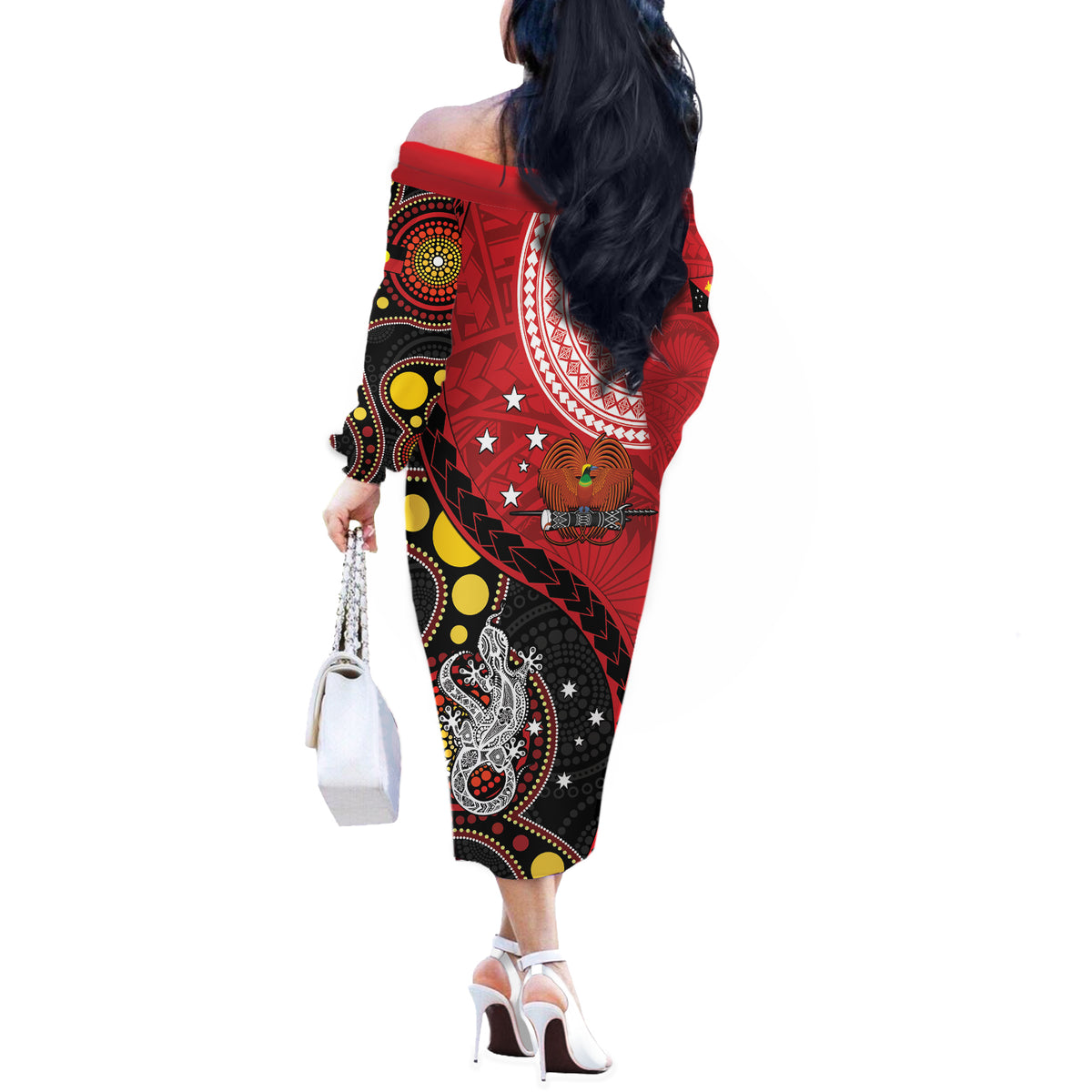 Papua New Guinea And Australia Aboriginal Off The Shoulder Long Sleeve Dress Bird Of Paradise And Kangaroo Together LT05 - Polynesian Pride