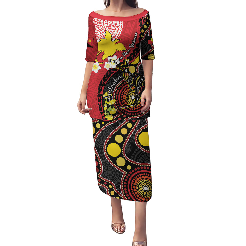 Papua New Guinea And Australia Aboriginal Puletasi Bird Of Paradise And Kangaroo Together LT05 Long Dress Red - Polynesian Pride