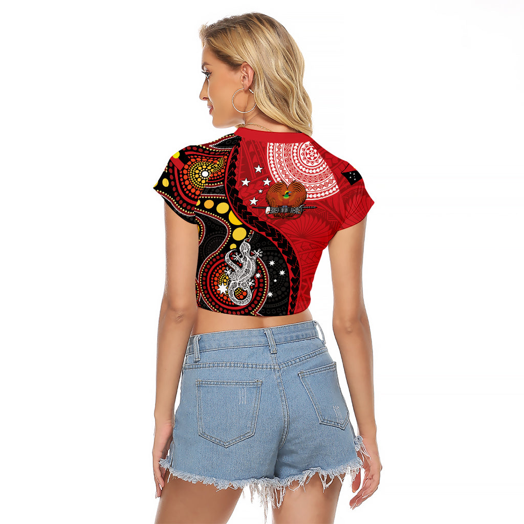 Papua New Guinea And Australia Aboriginal Raglan Cropped T Shirt Bird Of Paradise And Kangaroo Together LT05 - Polynesian Pride