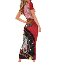 Papua New Guinea And Australia Aboriginal Short Sleeve Bodycon Dress Bird Of Paradise And Kangaroo Together LT05 - Polynesian Pride