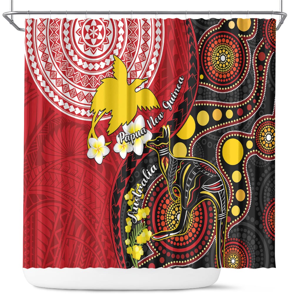 Papua New Guinea And Australia Aboriginal Shower Curtain Bird Of Paradise And Kangaroo Together LT05 Red - Polynesian Pride
