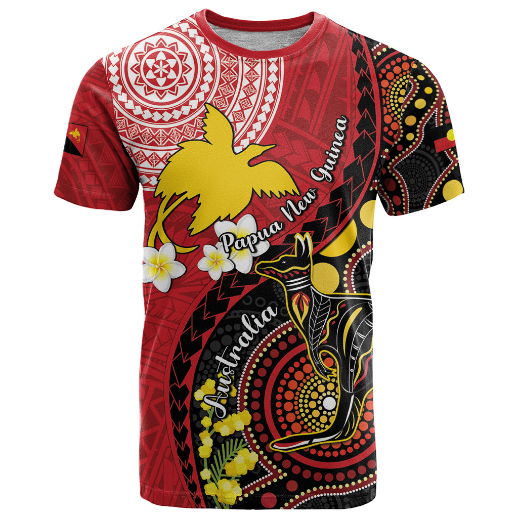 Papua New Guinea And Australia Aboriginal T Shirt Bird Of Paradise And Kangaroo Together LT05 Red - Polynesian Pride