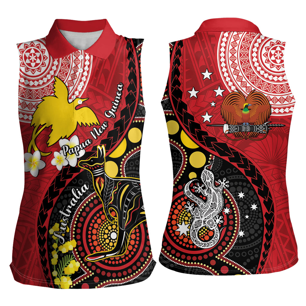 Papua New Guinea And Australia Aboriginal Women Sleeveless Polo Shirt Bird Of Paradise And Kangaroo Together LT05 - Polynesian Pride