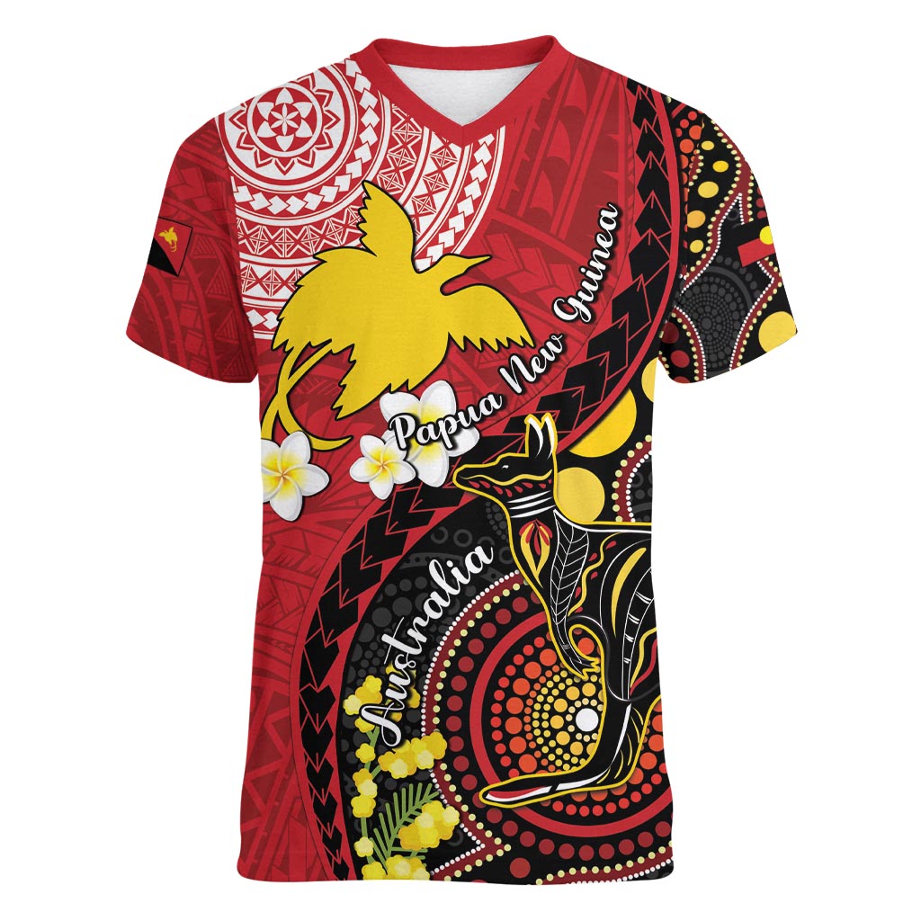 Papua New Guinea And Australia Aboriginal Women V-Neck T-Shirt Bird Of Paradise And Kangaroo Together LT05 Female Red - Polynesian Pride