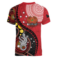 Papua New Guinea And Australia Aboriginal Women V-Neck T-Shirt Bird Of Paradise And Kangaroo Together LT05 - Polynesian Pride