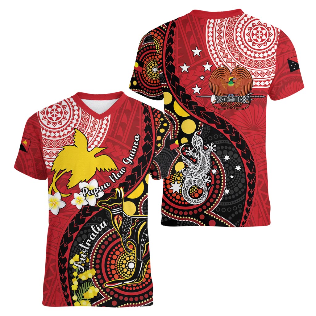 Papua New Guinea And Australia Aboriginal Women V-Neck T-Shirt Bird Of Paradise And Kangaroo Together LT05 - Polynesian Pride