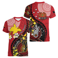 Papua New Guinea And Australia Aboriginal Women V-Neck T-Shirt Bird Of Paradise And Kangaroo Together LT05 - Polynesian Pride