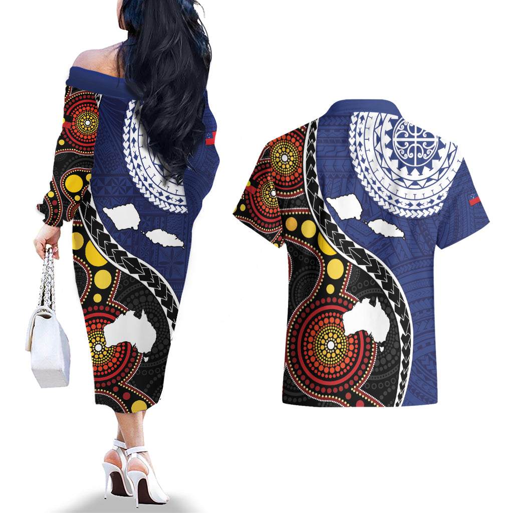 Samoa And Australia Together Couples Matching Off The Shoulder Long Sleeve Dress and Hawaiian Shirt Aboriginal Mix Polynesian