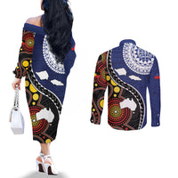 Samoa And Australia Together Couples Matching Off The Shoulder Long Sleeve Dress and Long Sleeve Button Shirt Aboriginal Mix Polynesian