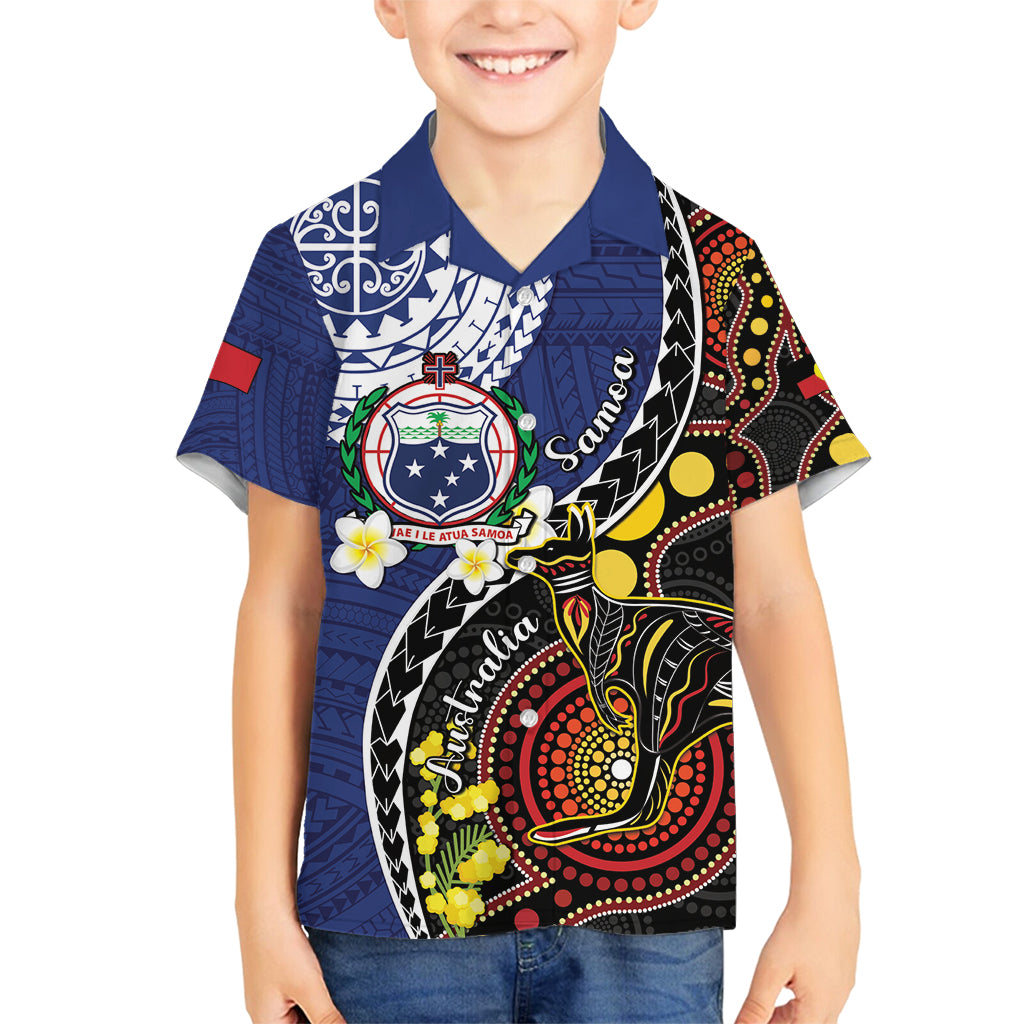 Samoa And Australia Together Family Matching Long Sleeve Bodycon Dress and Hawaiian Shirt Aboriginal Mix Polynesian LT05 Son's Shirt Blue - Polynesian Pride