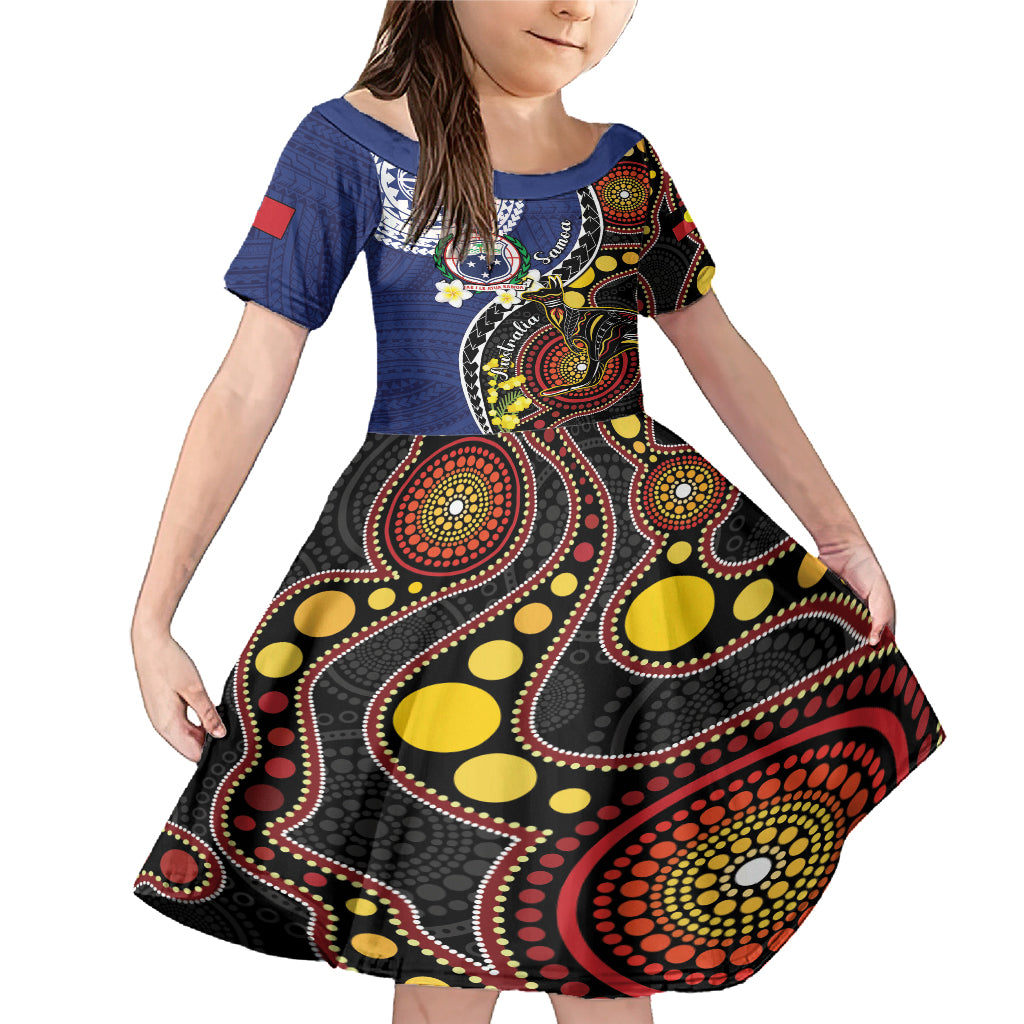 Samoa And Australia Together Family Matching Mermaid Dress and Hawaiian Shirt Aboriginal Mix Polynesian LT05 Daughter's Dress Blue - Polynesian Pride