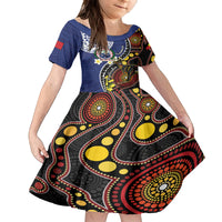 Samoa And Australia Together Family Matching Off The Shoulder Long Sleeve Dress and Hawaiian Shirt Aboriginal Mix Polynesian LT05 Daughter's Dress Blue - Polynesian Pride