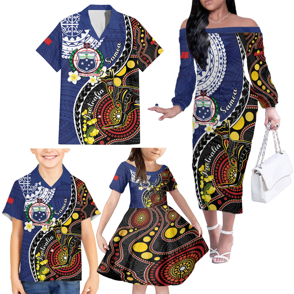 Samoa And Australia Together Family Matching Off The Shoulder Long Sleeve Dress and Hawaiian Shirt Aboriginal Mix Polynesian LT05 - Polynesian Pride