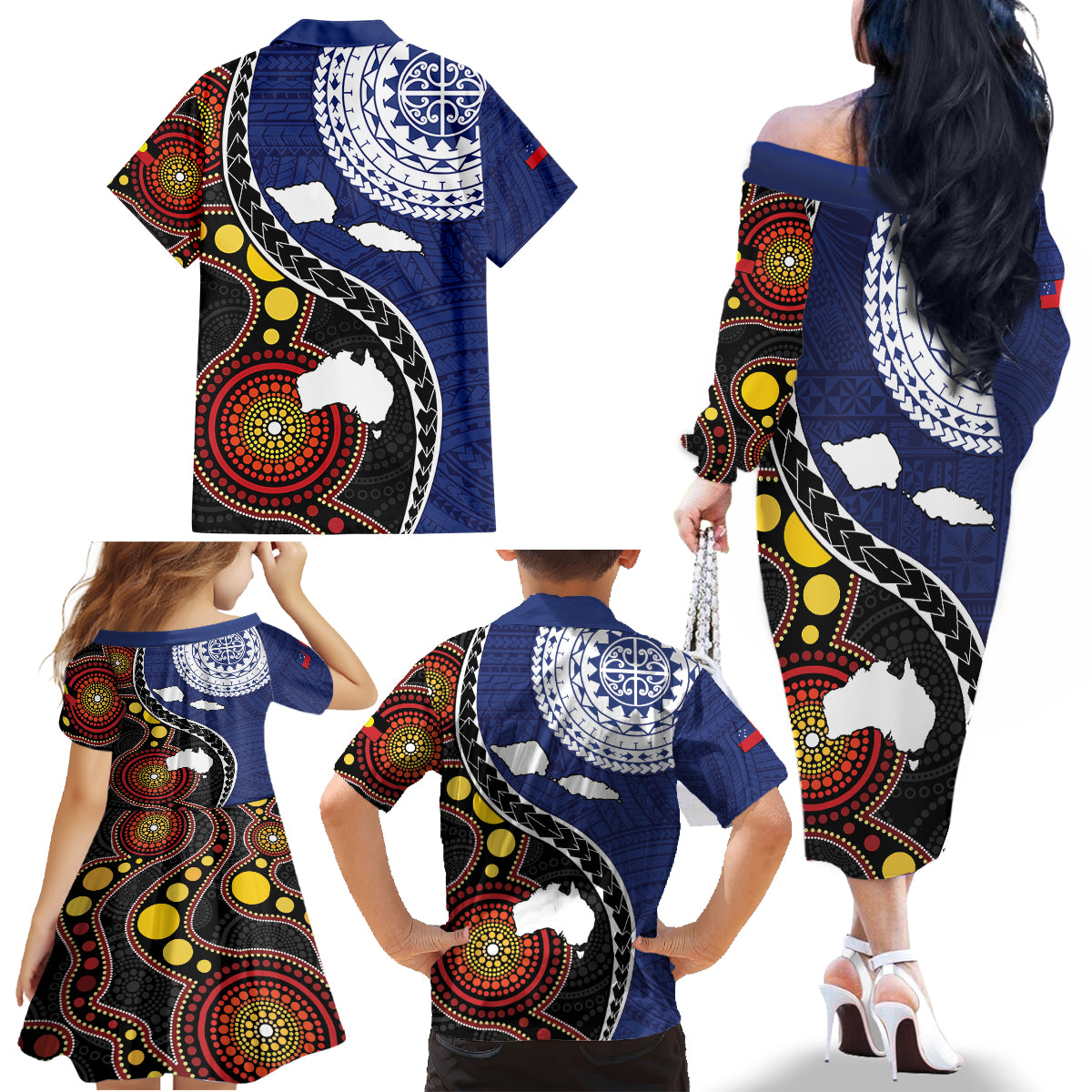 Samoa And Australia Together Family Matching Off The Shoulder Long Sleeve Dress and Hawaiian Shirt Aboriginal Mix Polynesian LT05 - Polynesian Pride