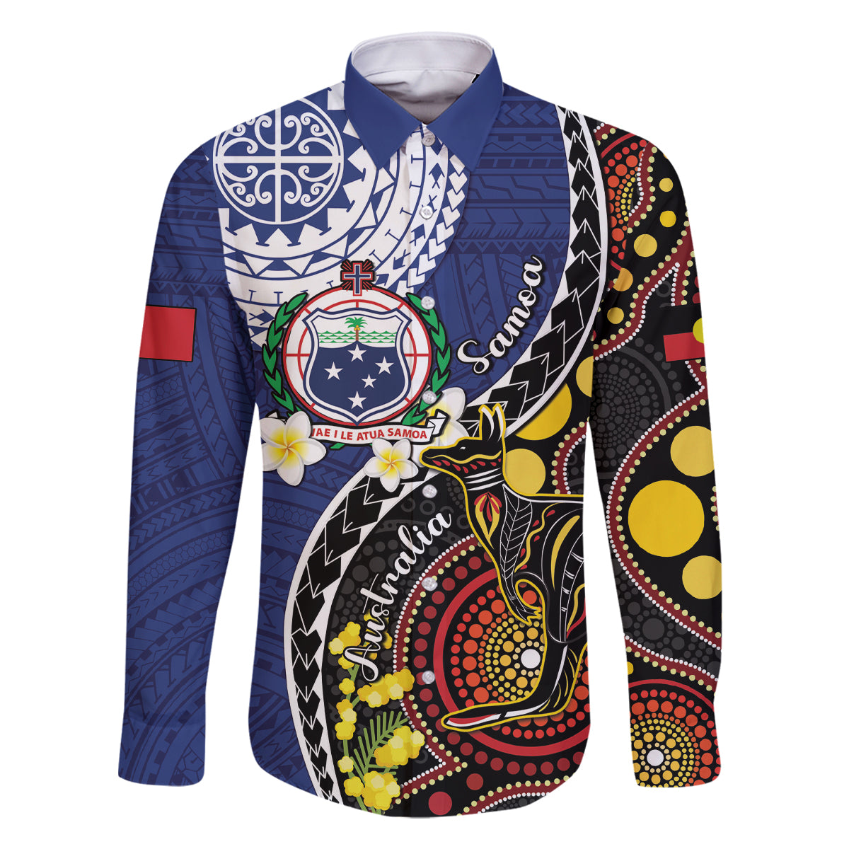 Samoa And Australia Together Family Matching Off The Shoulder Long Sleeve Dress and Hawaiian Shirt Aboriginal Mix Polynesian LT05 Dad's Shirt - Long Sleeve Blue - Polynesian Pride
