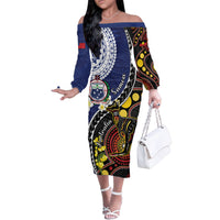 Samoa And Australia Together Family Matching Off The Shoulder Long Sleeve Dress and Hawaiian Shirt Aboriginal Mix Polynesian LT05 Mom's Dress Blue - Polynesian Pride