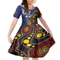 Samoa And Australia Together Family Matching Off Shoulder Short Dress and Hawaiian Shirt Aboriginal Mix Polynesian LT05 Daughter's Dress Blue - Polynesian Pride