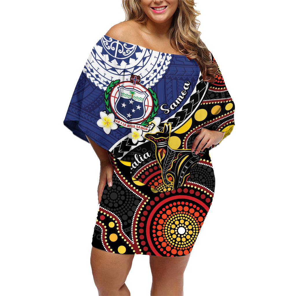 Samoa And Australia Together Family Matching Off Shoulder Short Dress and Hawaiian Shirt Aboriginal Mix Polynesian LT05 Mom's Dress Blue - Polynesian Pride