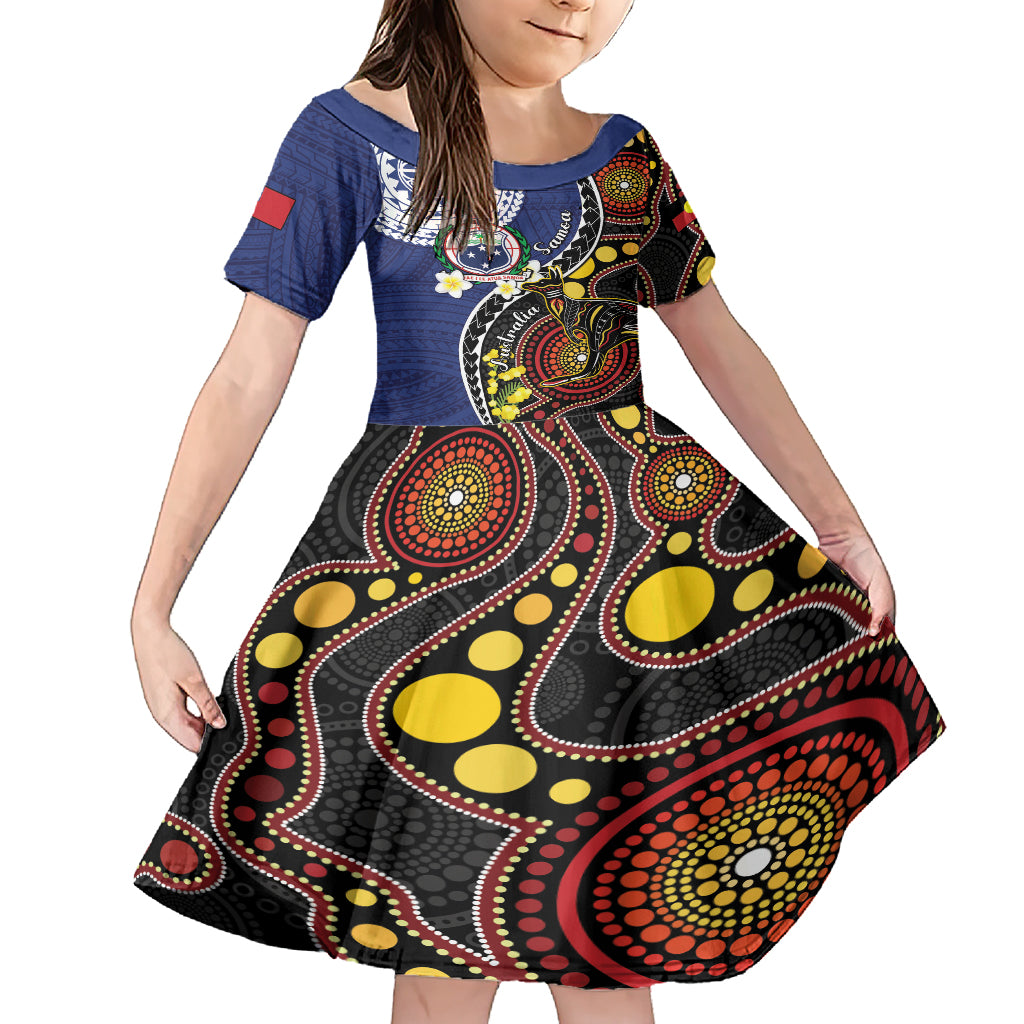Samoa And Australia Together Family Matching Short Sleeve Bodycon Dress and Hawaiian Shirt Aboriginal Mix Polynesian LT05 Daughter's Dress Blue - Polynesian Pride