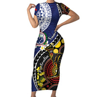 Samoa And Australia Together Short Sleeve Bodycon Dress Aboriginal Mix Polynesian LT05 Long Dress Blue - Polynesian Pride